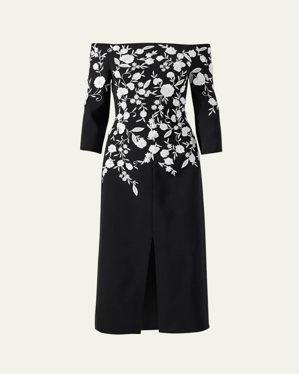 Floral Embroidered Off-Shoulder Midi Dress